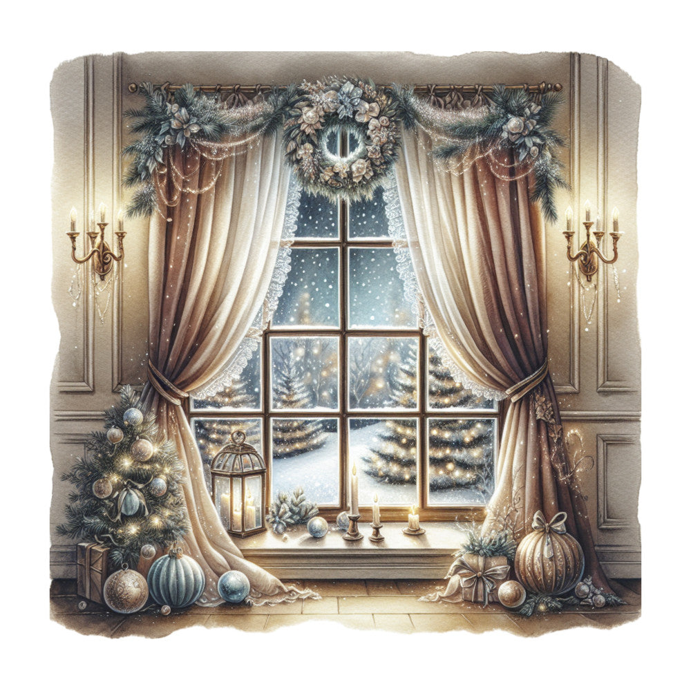 vintage christmas, winter window scene, cream curtains, evergreen garland, pine wreath, snowy landscape, candlelit sconces, ornament decorations, warm golden lighting, fabric panel, quilting cotton, festive holiday, cozy interior, frosted windowpanes, christmas trees, lantern accent, seasonal crafting, muted earth tones, elegant drapery, winter wonderland