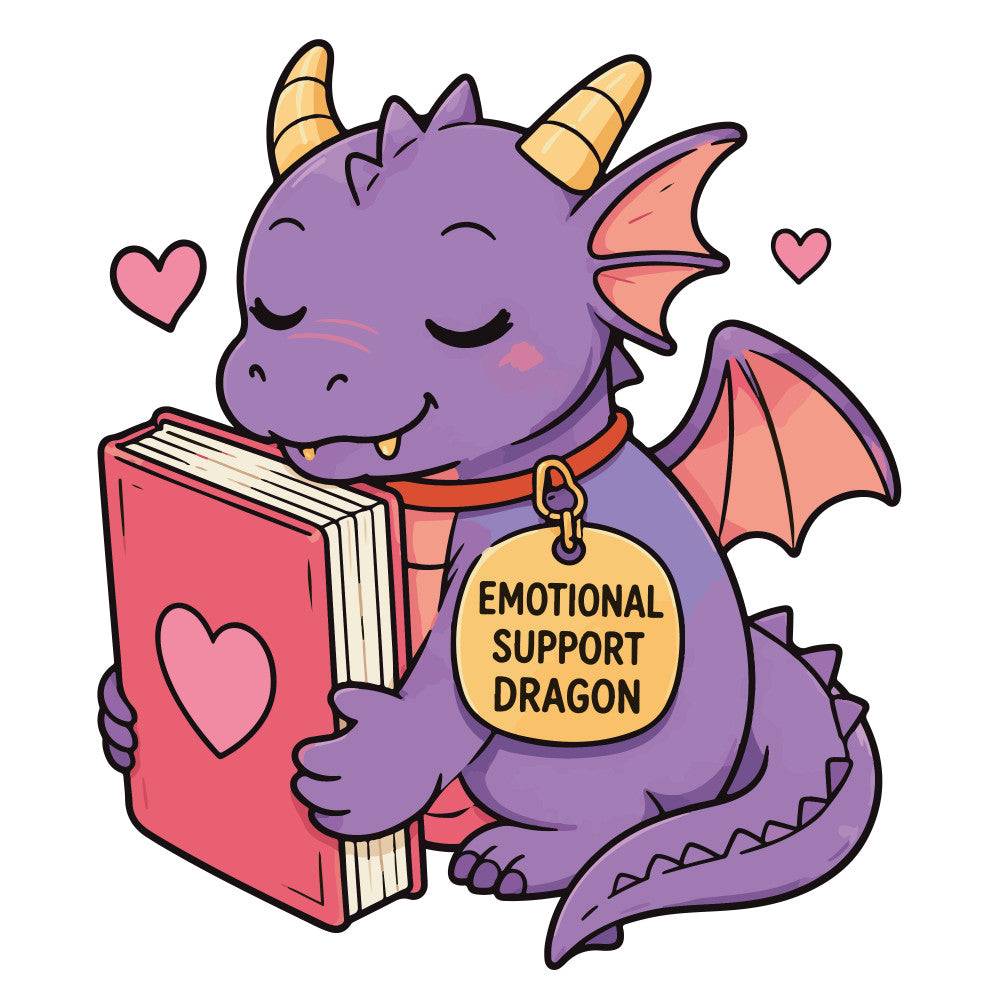purple dragon, emotional support, cute dragon, fantasy animal, whimsical, children's, book lover, heart motif, coral pink, golden yellow, wings, horns, sweet expression, friendly character, inspirational, motivational, beginner reader, storybook theme, playful style, pastel colors, lavender purple, feel-good design, comfort theme, literary theme, kid-friendly, baby quilt, wall hanging, character panel, magical creatures, dragon lover