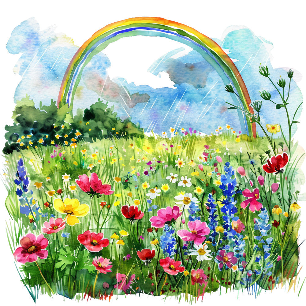 watercolor painting, summer landscape, rainbow arc, wildflower meadow, storm clouds, rain drops, fabric panel, quilting cotton, floral scene, blue sky, green grass, red poppies, yellow flowers, purple lupines, white daisies, pink cosmos, botanical illustration, nature scene, spring garden, cotton fabric