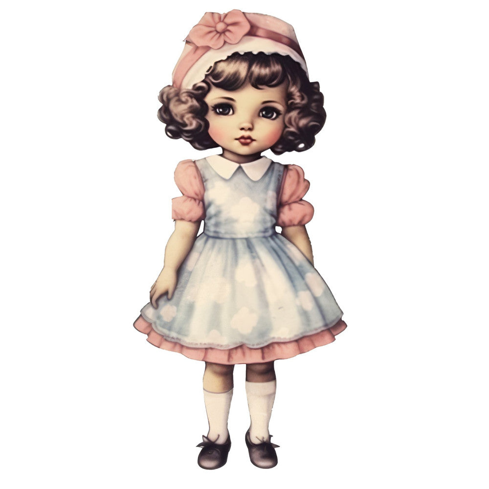 vintage doll, retro girl, pink and white, pale blue, cream, dusty rose, peter pan collar, puff sleeves, whimsical, nostalgic, 1940s style, 1950s style, children's fabric, nursery, baby girl, classic doll, sweet, feminine, charming, storybook, illustration, character panel, decorative print, timeless, cottage core, traditional, heirloom, collectible doll print
