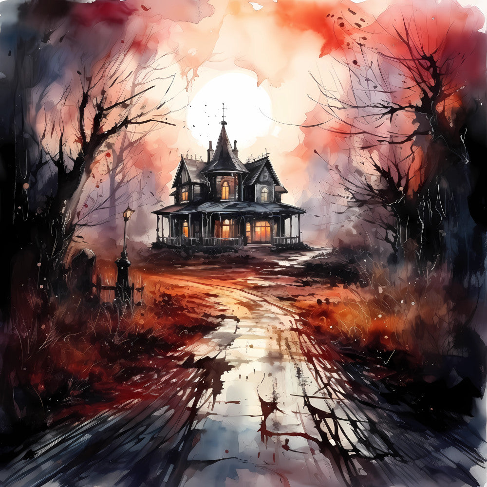 haunted house, gothic, spooky, halloween, dark academia, bare trees, dead trees, autumn, fall, crimson, rust, burnt orange, deep red, burgundy, cream, ivory, charcoal black, moody, atmospheric, eerie, mysterious, vintage, dramatic, elegance, horror, supernatural, victorian mansion, gloomy, twilight, dusk