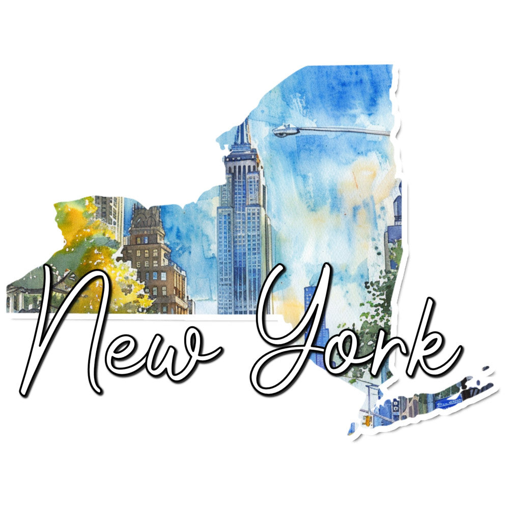 new york state, skyline, cityscape, architectural, watercolor, blue sky, empire state building, urban, travel, tourist, landmark, map shaped, navy blue, sky blue, cream, yellow, green, modern, contemporary, artistic, painted effect, city themed, decorative panel, wall art, geography, americana, east coast, bustling city, buildings, street scene