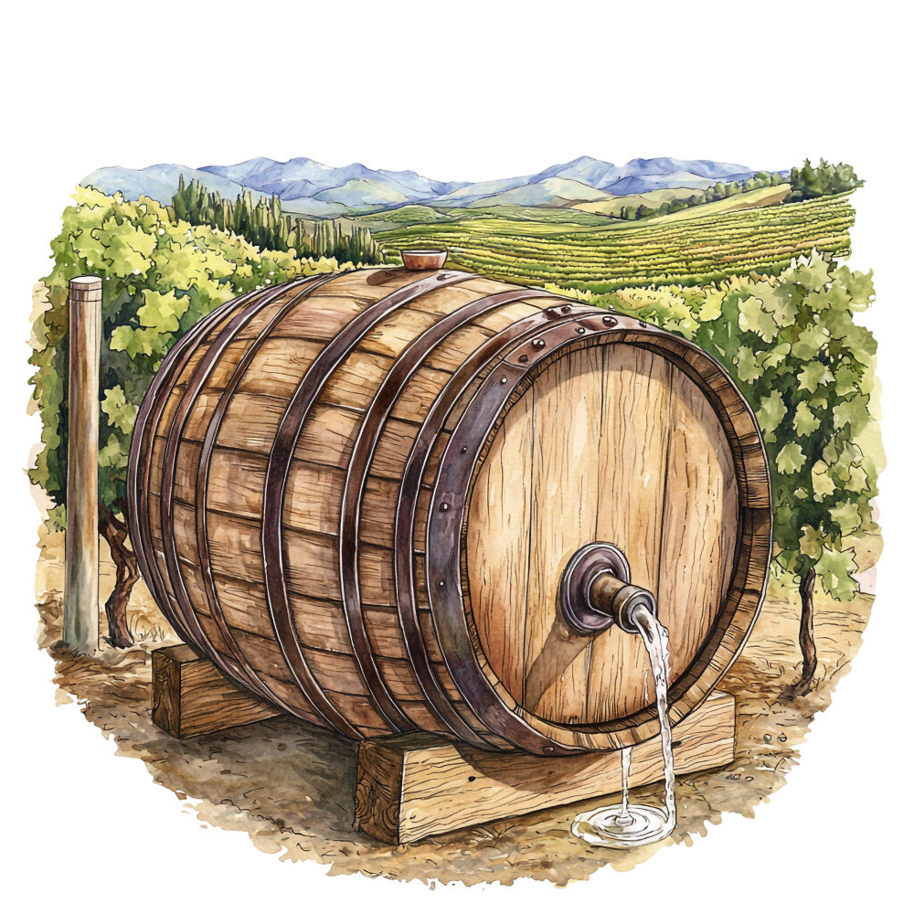 bourbon barrel, wine cask, vineyard landscape, rolling hills, grapevines, wooden barrel, spigot, wine glass, earth tones, brown, green, beige, purple mountains, rustic illustration, watercolor style, fabric panel, quilting cotton, wine country, pastoral scene, detailed artwork
