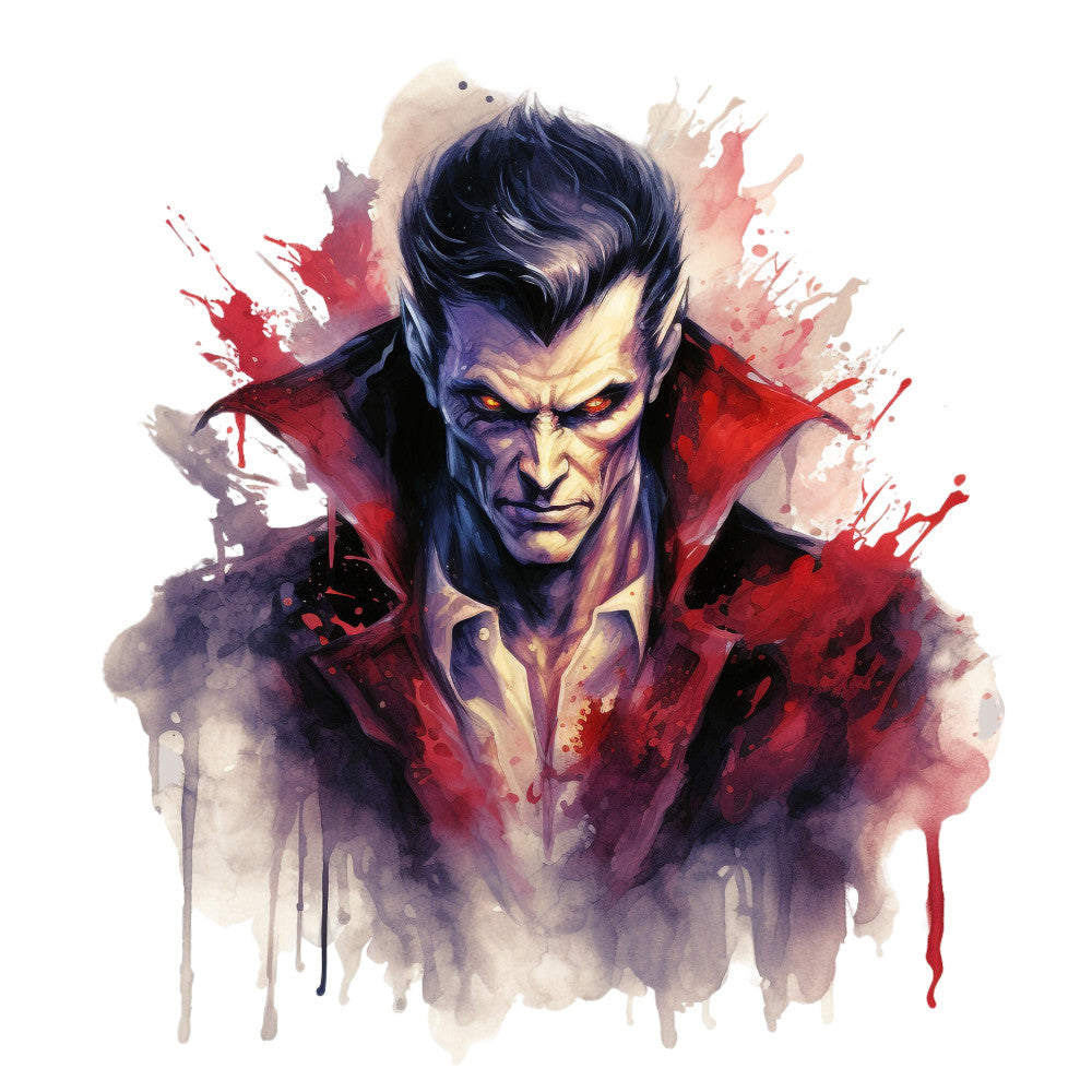 dramatic portrait, watercolor splatter, villain character, dark fantasy, supernatural, gothic, red cape, evil character, menacing expression, blood red, deep purple, charcoal gray, cream beige, abstract splatter, ink wash, character art, fantasy illustration, dramatic lighting, moody atmosphere, dark romance, horror inspired, male character, intense expression, artistic watercolor, contemporary art, pop culture fan art, character design, splatter paint effect, burgundy, eggplant purple
