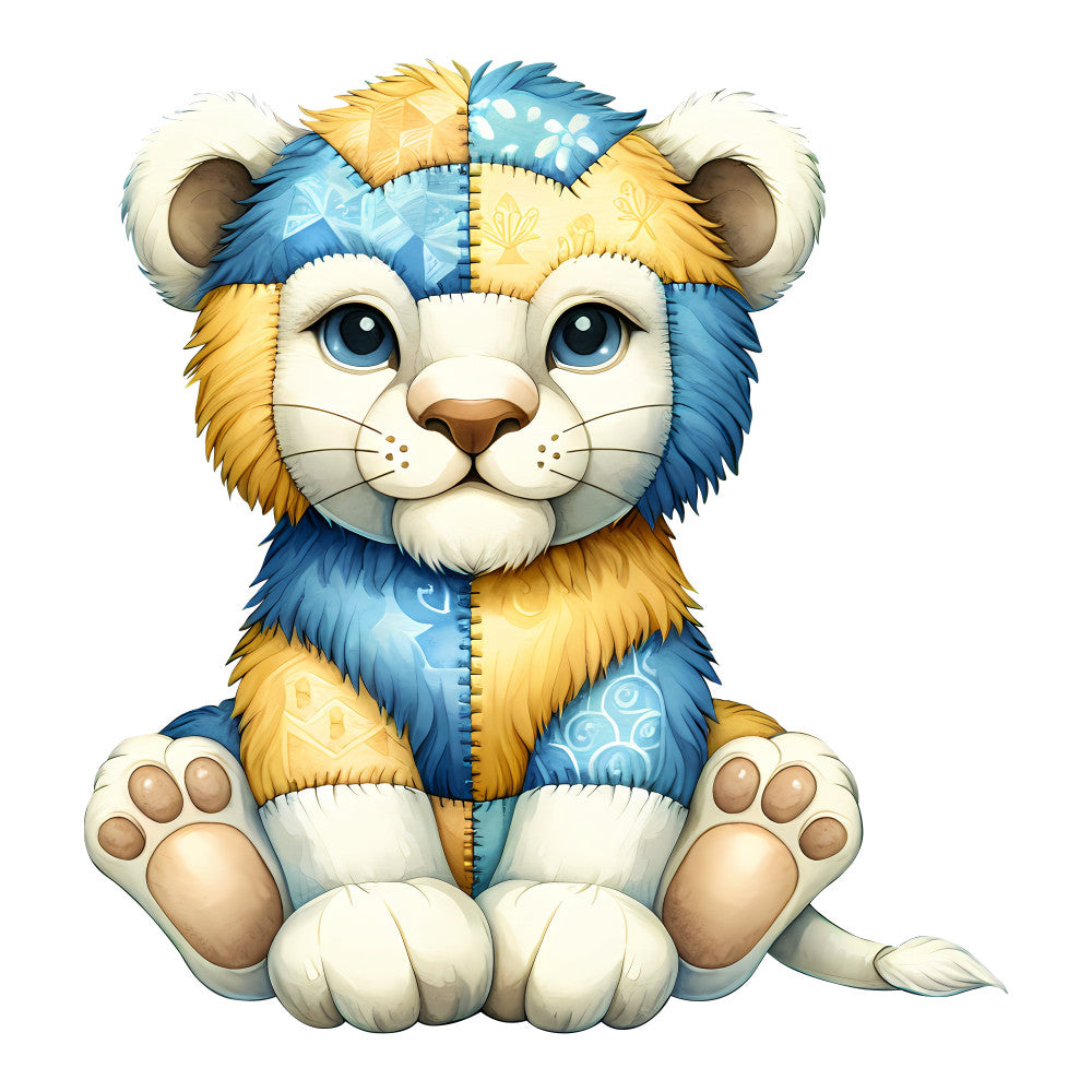 gold, blue, cream, white, celestial, moon, stars, lion, animal, whimsical, cute, patchwork, stuffed animal, baby, children, nursery, playful, soft, gentle, decorative panel, wall hanging, appliqué, quilted, toy-like, magical, dreamy, gender-neutral, pastel, embroidered details