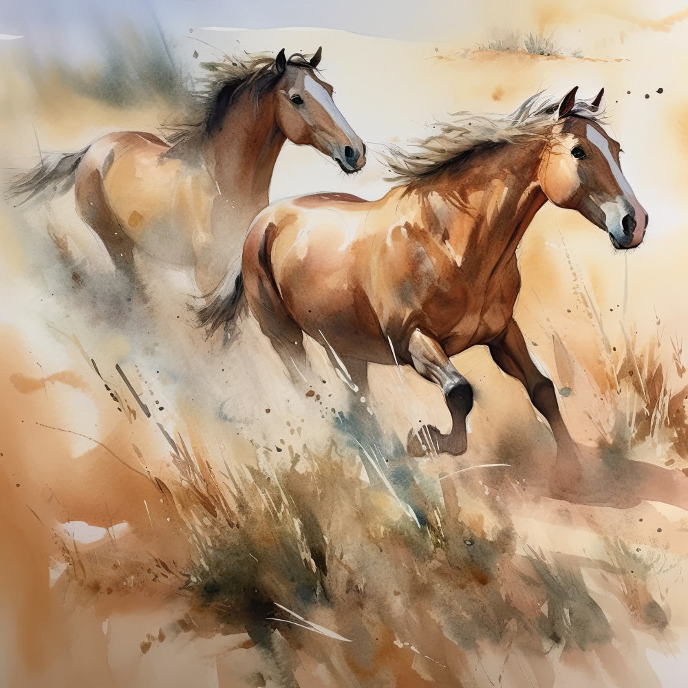 horses, equestrian, watercolor, brown, tan, beige, cream, rust, earth tones, animals, wildlife, nature, running horses, galloping, desert, landscape, artistic, elegant, rustic, western, farmhouse, traditional, painting style, loose brushwork, dynamic movement, wild horses, pastoral, neutral palette, serene, peaceful