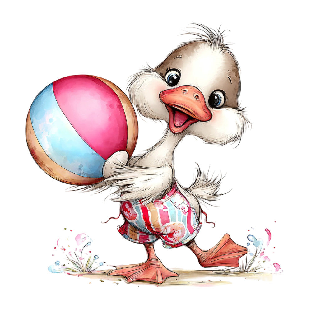 beach duck, cute animals, whimsical, playful, summer, coastal, children's fabric, colorful, coral pink, sky blue, red striped, orange bill, fluffy feathers, beach ball, splashing water, fun characters, kids quilt, novelty print, seaside theme, pool party, vibrant colors, illustrative style, adorable, cheerful, animated duck, vacation theme, lighthearted, striped swim shorts, webbed feet