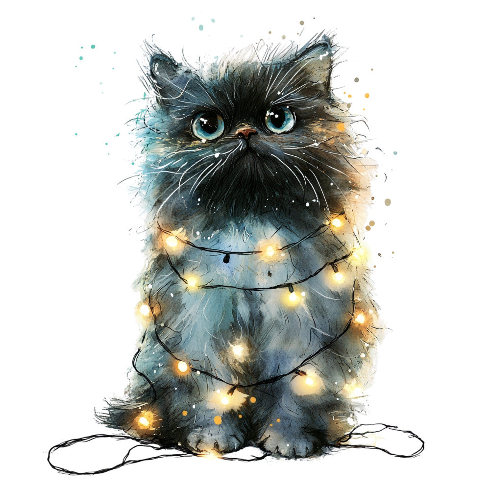 black cat, fluffy cat, blue eyes, watercolor cat, whimsical cat, fairy lights, string lights, warm white lights, gold lights, winter holiday, christmas, cozy, festive, charming, magical, enchanted, dark teal, dusty blue, warm gold, cream white, cat illustration, cute cat, grumpy cat, angry expression, artistic, watercolor style, splatter effect, dimensional, dimensional cat, holiday decor