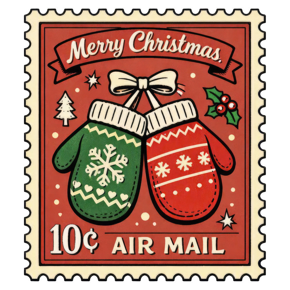 merry christmas, holiday, vintage, retro, mittens, gloves, festive, christmas stamp, air mail, red, forest green, cream, winter, seasonal, traditional, whimsical, nostalgic, snowflakes, bow, ribbon, holly berries, stars, cozy, knit pattern, postal, decorative, christmas panel, holiday decor