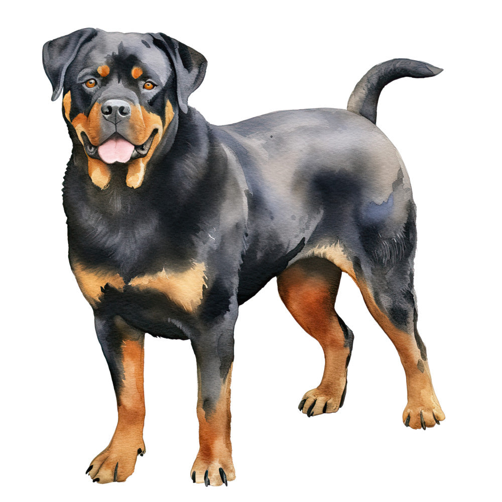 Watercolor Rottweiler Fabric Panel 27 showing a detailed black and tan Rottweiler dog painted on premium quilting cotton.