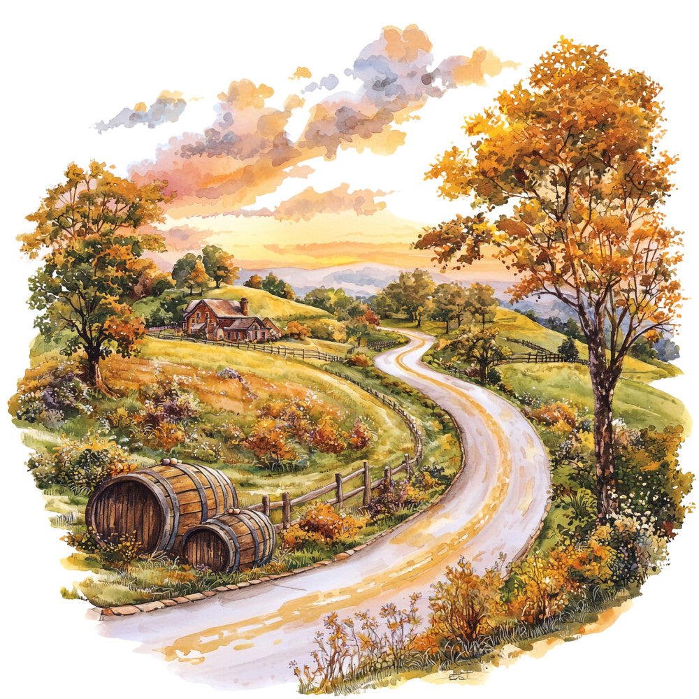 autumn landscape, golden yellow, burnt orange, rustic brown, sage green, watercolor style, country road, wooden barrels, farmhouse, rolling hills, autumn trees, pastoral scene, fabric panel, quilting cotton, sunset sky, winding path, rural countryside, fall foliage, scenic illustration, warm earth tones