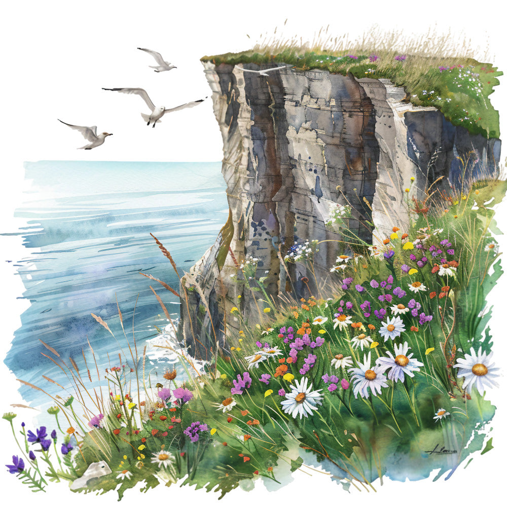 watercolor, summer landscape, coastal cliff, seagulls, wildflowers, ocean waves, fabric panel, quilting cotton, white daisies, purple flowers, green grass, gray rocks, blue water, botanical elements, seaside scene, flying birds, floral motifs, nature inspired, soft pastels, artistic painting