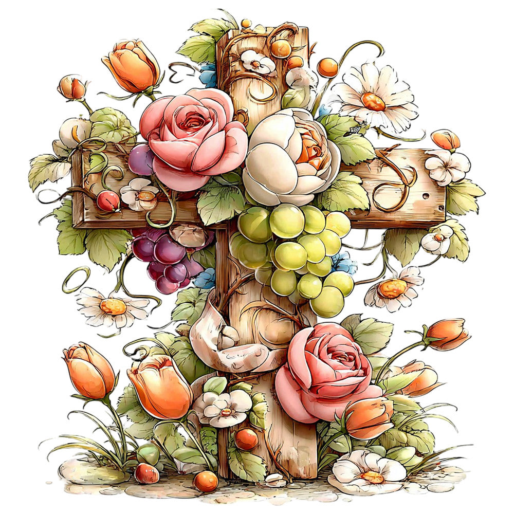 coral roses, wooden cross, grape clusters, white daisies, orange tulips, rustic wood, floral arrangement, religious motif, watercolor style, fabric panel, quilting cotton, pink blooms, green leaves, purple grapes, peach tones, botanical design, spring flowers, spiritual theme, cottage style, soft pastels