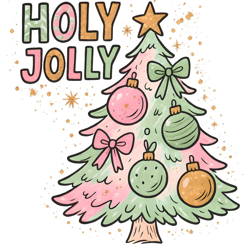 pink, green, gold, orange, christmas tree, ornaments, star, bows, holly jolly, festive, holiday, fabric panel, quilting cotton, cartoon style, whimsical, sparkles, glitter accents, seasonal, winter theme, decorative baubles