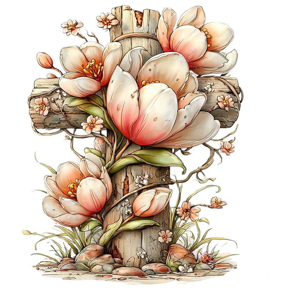 cream flowers, peach blossoms, wooden cross, rustic wood, green leaves, orange stamens, floral vines, weathered timber, soft pastels, botanical illustration, religious motif, fabric panel, quilting cotton, watercolor style, spring blooms, nature design, coral tones, delicate petals, cross beam construction, whimsical artwork