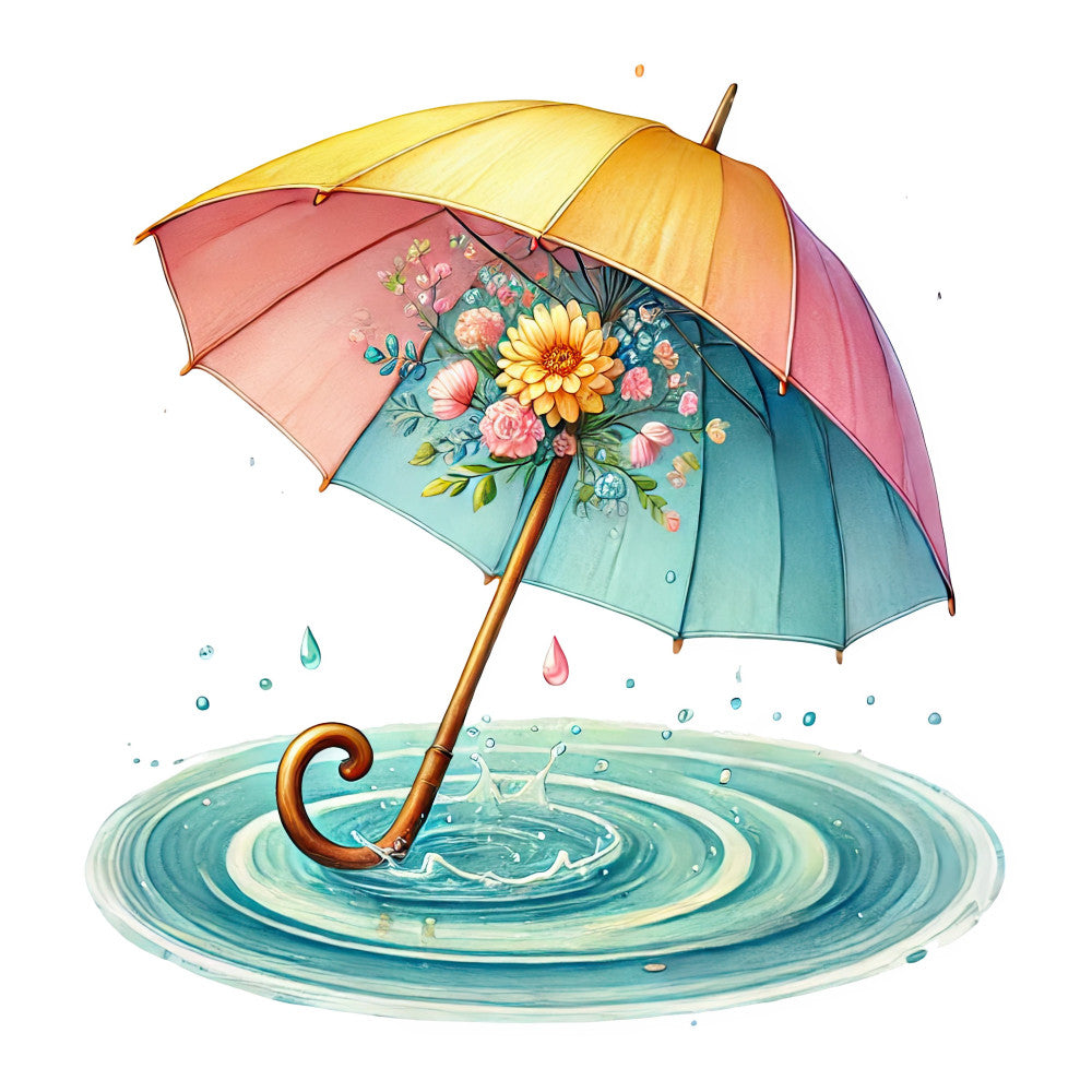 umbrella, floral, rainy day, whimsical, yellow, coral pink, dusty rose, teal, turquoise, mint green, pastel colors, daisies, roses, flowers, nature, botanical, spring, rain drops, water ripples, elegant, romantic, cheerful, garden, decorative, illustration art, children's, playful, weather themed, colorful, multi-colored