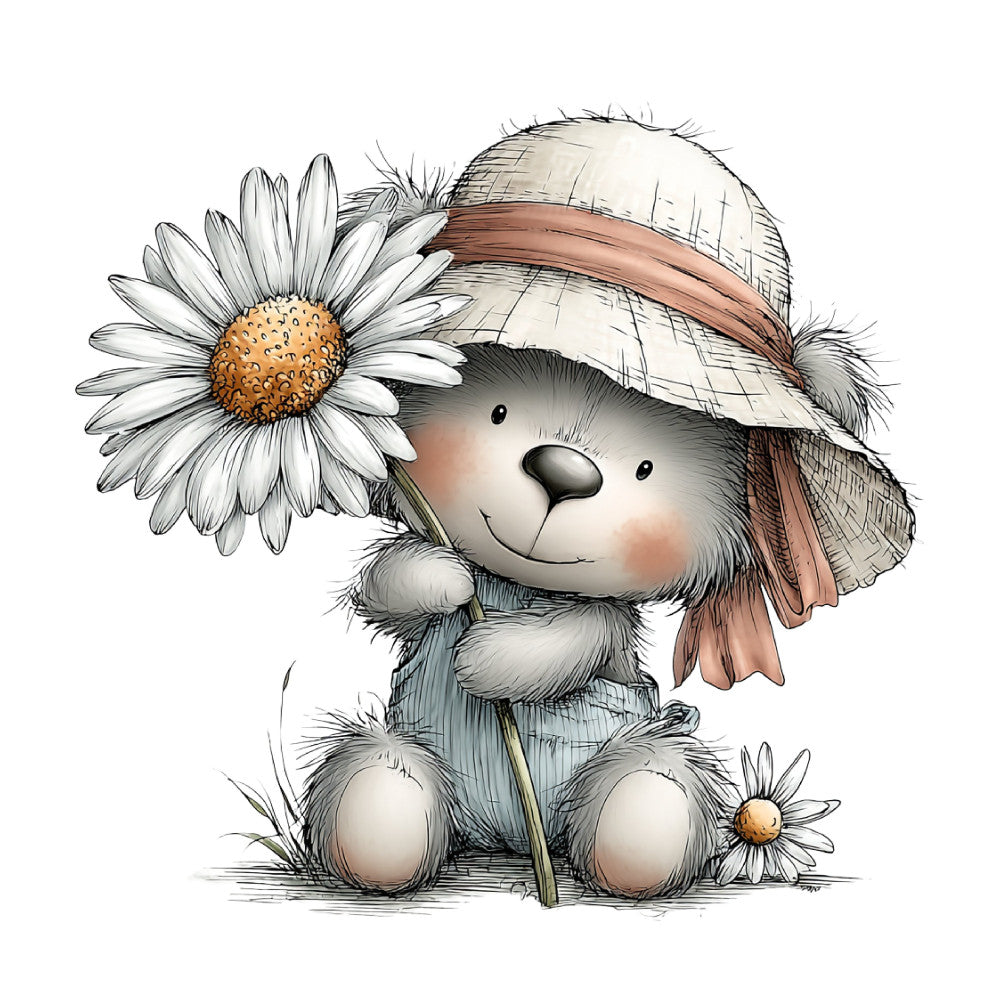 cute bear, teddy bear, daisy flower, white flower, brown ribbon, hat, straw hat, animal theme, whimsical, charming, gentle, cream white, tan brown, soft colors, spring, summer, nature, floral, children's, baby, sweet, adorable, cottage core, pastoral, garden theme, innocent, playful, illustration style, decorative panel, wall hanging