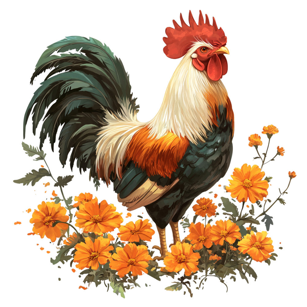 rooster, orange flowers, marigolds, cream colored, rust orange, dark green feathers, red comb, fabric panel, quilting cotton, floral design, farm animal, barnyard, autumn colors, botanical elements, realistic art style, country theme, bird illustration, orange petals, green leaves, decorative panel