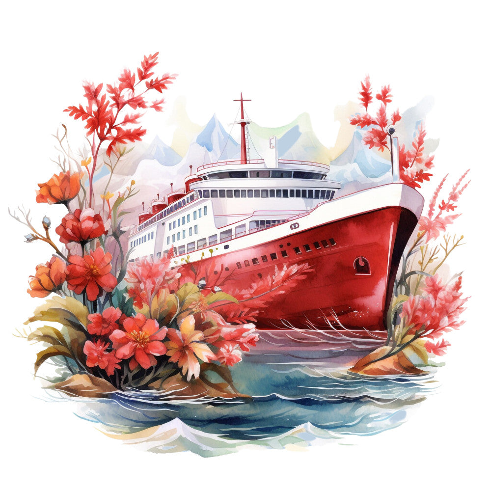 cruise ship, red hull, watercolor style, coral flowers, autumn foliage, maritime scene, nautical theme, ocean waves, fabric panel, quilting cotton, floral border, travel motif, passenger ship, soft pastels, botanical elements, scenic design, transportation theme, watercolor painting, decorative panel, craft fabric