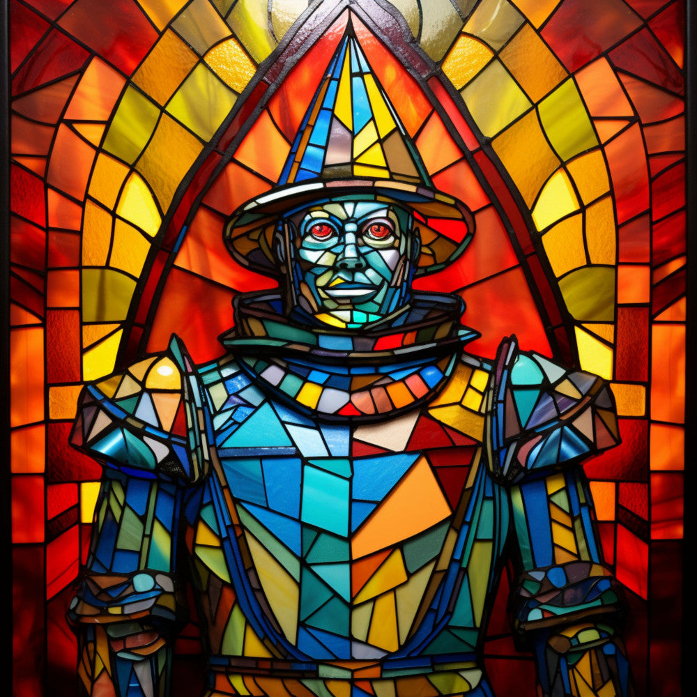 stained glass, wizard, red, orange, yellow, blue, green, purple, geometric patterns, colorful mosaic, fantasy character, pointed hat, robes, fabric panel, quilting cotton, vibrant colors, magical theme, art glass style, triangular design, rainbow hues
