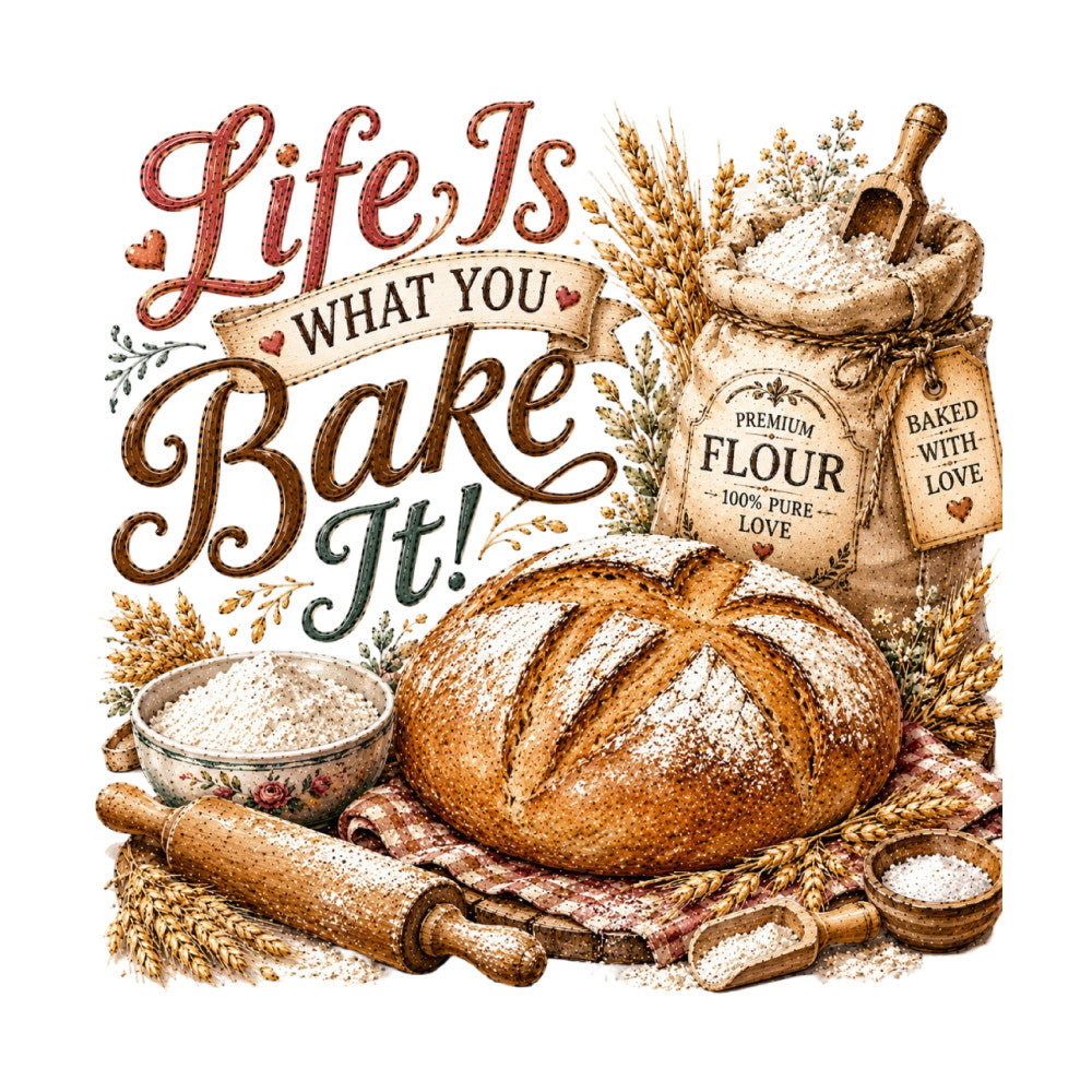 baking, bread, wheat, flour, rolling pin, rustic, farmhouse, vintage, cream, tan, brown, gold, red, heart, inspirational, quote, kitchen, culinary, country, traditional, homemade, bakery, cottage core, botanical, wheat sheaves, text, typography, warm tones, domestic