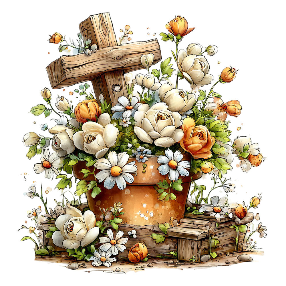 wooden cross, floral arrangement, cream roses, orange roses, white daisies, terracotta pot, rustic wood, green foliage, watercolor style, fabric panel, quilting cotton, spring flowers, cottage style, botanical design, peachy orange, sage green, warm earth tones, blooming flowers, garden scene, vintage illustration