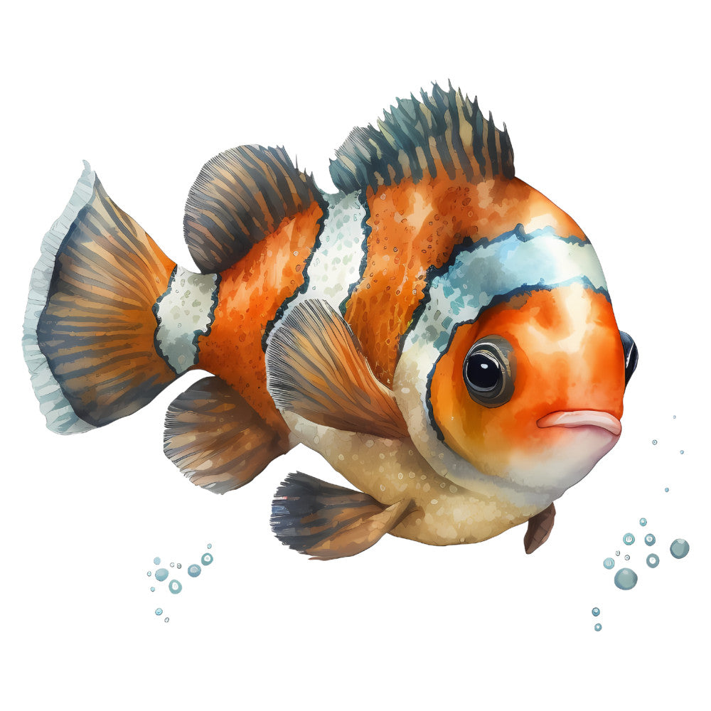 clownfish, orange, white, cream, blue, teal, navy, striped, aquatic, ocean, sea life, marine, fish, tropical, underwater, whimsical, playful, childlike, cute, nature, coastal, nautical, children, kids, baby, nursery, wall hanging, panel art, illustrative, watercolor