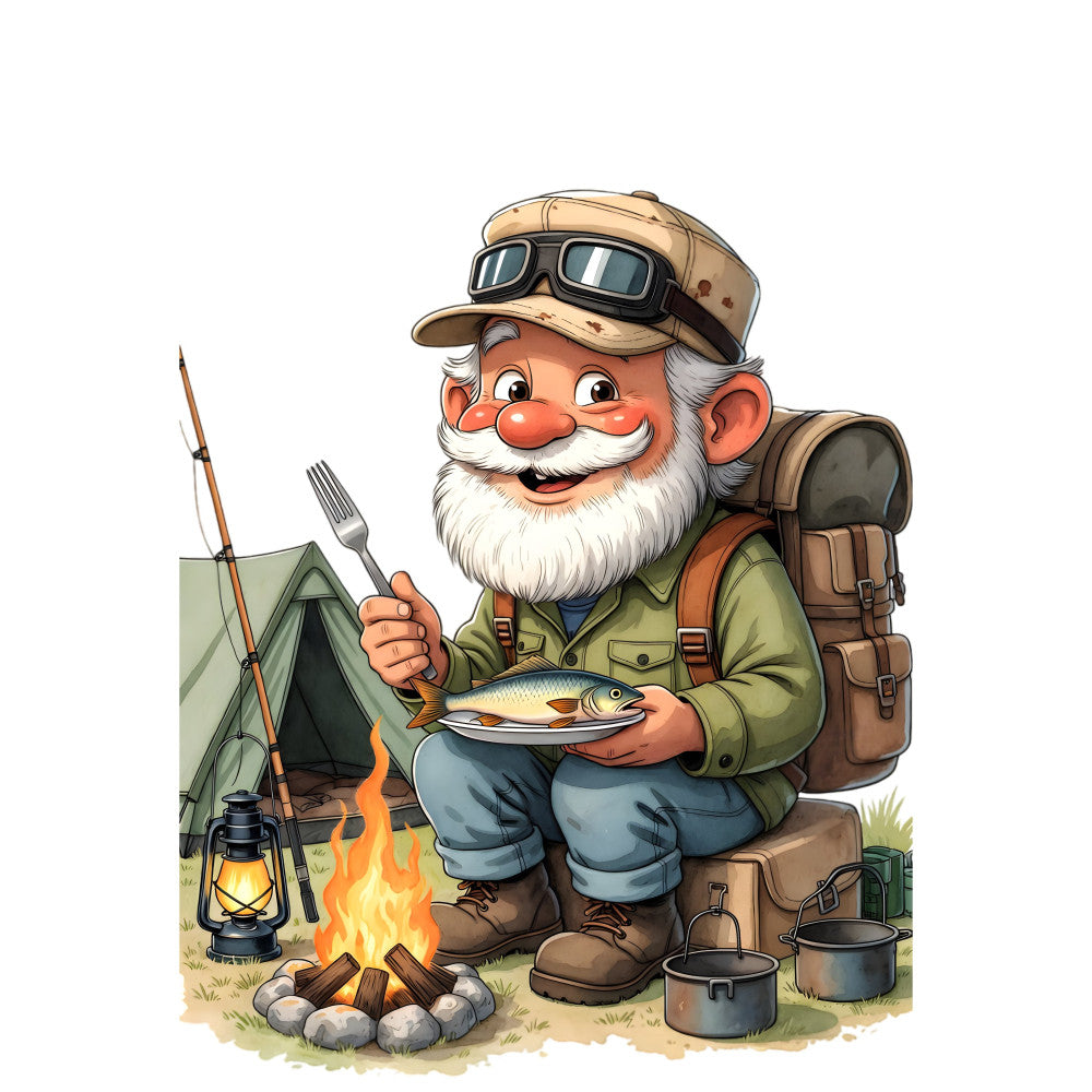 camping, fishing, outdoors, adventure, beige, tan, khaki, olive green, sage green, rust orange, burnt orange, gray, blue denim, cream, white, whimsical, rustic, vintage, retro, cartoon, character, gnome, old man, campfire, tent, fishing rod, nature, outdoor recreation, leisure, novelty
