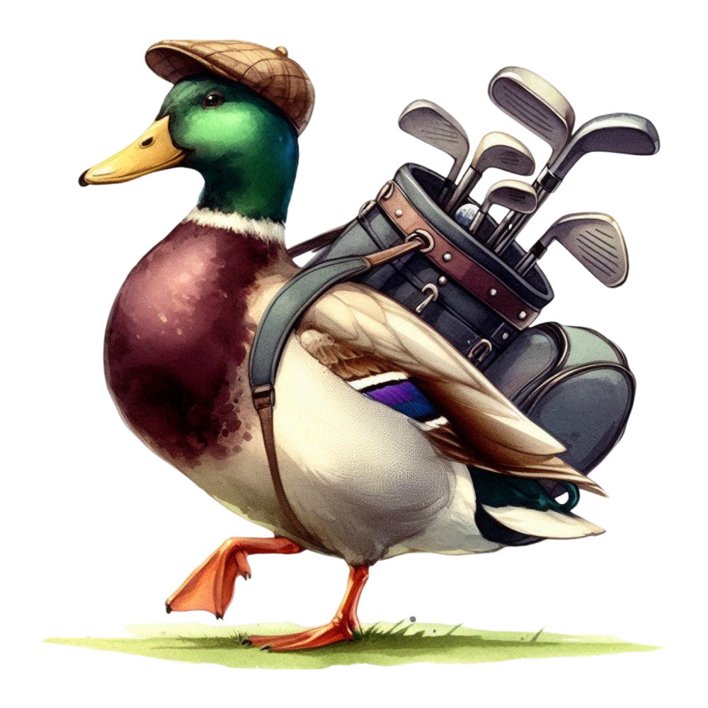 golf duck, mallard, sports theme, animal motif, green head, burgundy, cream, tan, brown, orange, gold clubs, plaid cap, vintage style, whimsical, humorous, novelty, cottage core, gentleman duck, athletic wear, country club, preppy, traditional, dapper animal, golf bag, nature inspired, farmhouse humor, character print, retro sporting, charming wildlife