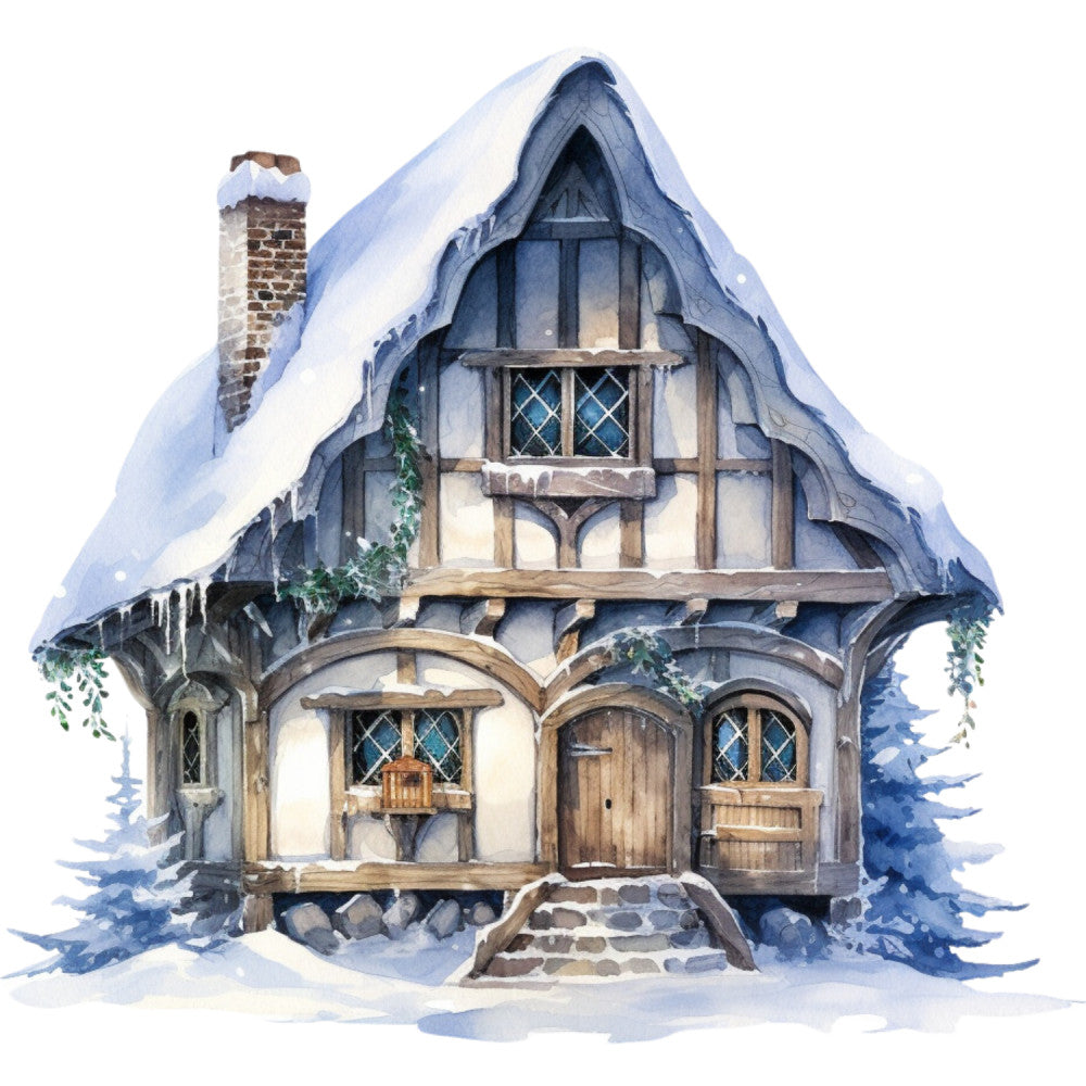 Watercolor Winter Houses Fabric Panel 50