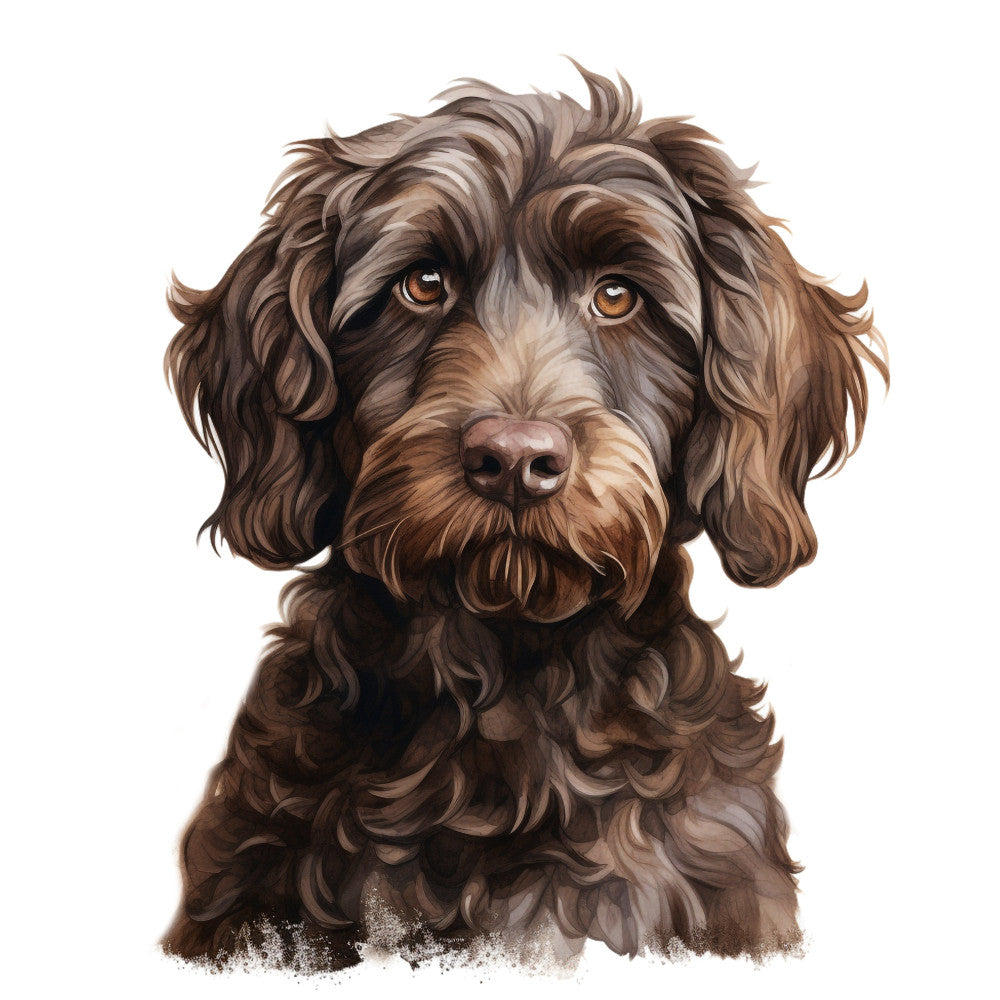 dog portrait, brown dog, chocolate brown, tan, cream, beige, realistic dog, spaniel, labradoodle, doodle dog, animal portrait, pet portrait, dog lover, canine, puppy, animals, nature themed, whimsical style, cute dog, friendly face, expressive eyes, dog breed, pet themed, home decor, wall art, decorative panel, traditional style, illustrated animals