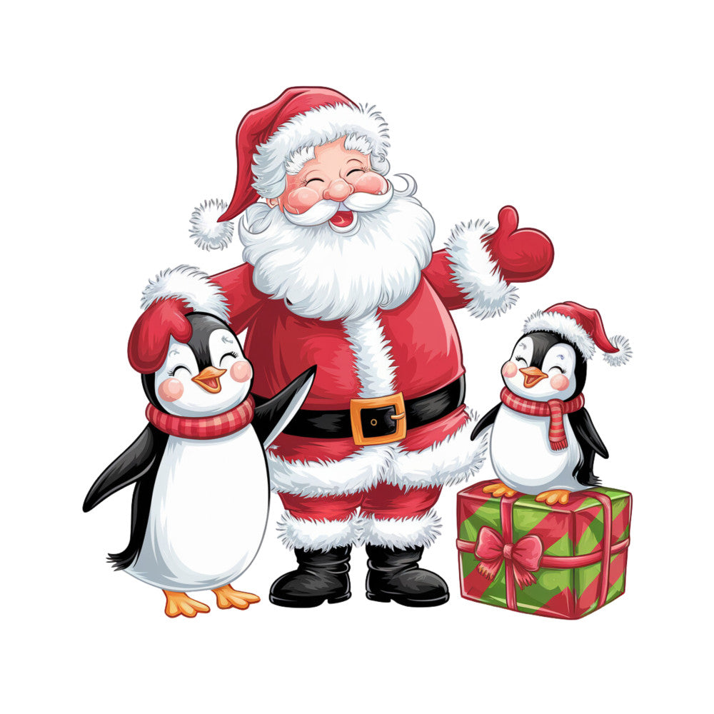 santa claus, penguins, christmas, holiday, red, white, black, orange, green, gift box, fabric panel, quilting cotton, cartoon style, cheerful, festive, winter, cute animals, christmas hat, belt buckle, wrapped present, bow tie, scarf