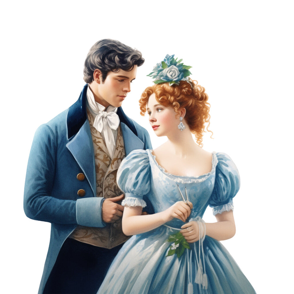 blue, white, powder blue, navy, auburn hair, curly hair, regency couple, period dress, tailcoat, waistcoat, cravat, empire waist, puffed sleeves, floral headpiece, elegant pair, historical fashion, romantic scene, fabric panel, quilting cotton, 19th century, formal attire