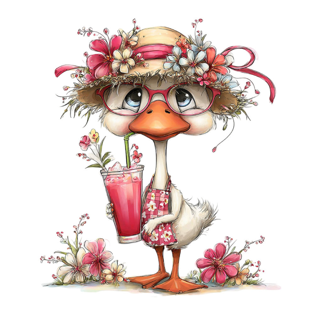 whimsical ostrich, coral pink, cream, dusty rose, floral, animals, birds, flowers, ribbons, glasses, hat, spring, summer, vintage, playful, feminine, cute, decorative, nature, botanical, dress wearing animals, anthropomorphic, children's, baby, cheerful, colorful, illustrated, character panel