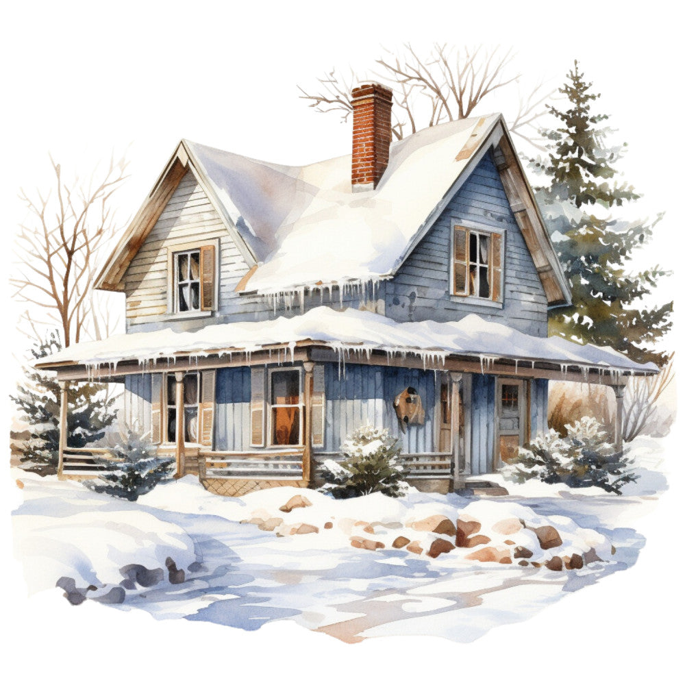 Watercolor Winter Houses Fabric Panel 38