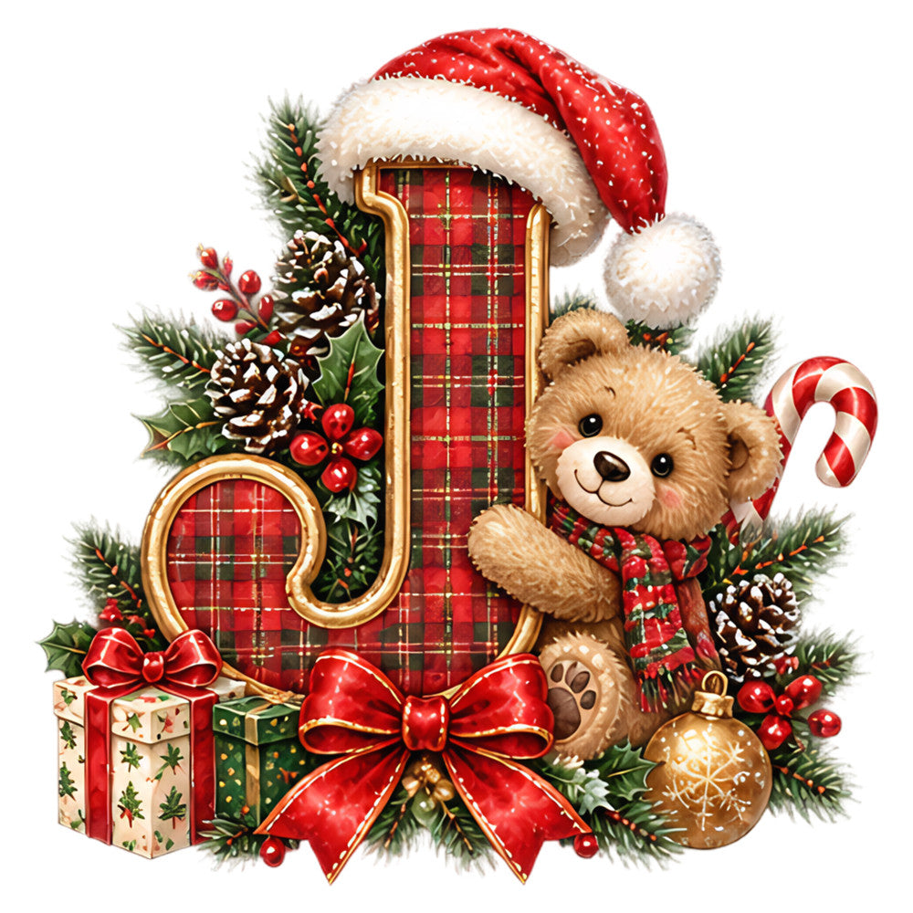 red plaid, tartan, teddy bear, christmas, holiday, santa hat, candy cane, pinecones, holly berries, gold trim, festive, whimsical, traditional, vintage, winter, gift boxes, red ribbon, bow, ornaments, evergreen, seasonal, children's, cute, warm, cozy, cream, forest green, candy striped, stocking stuffer, nostalgic