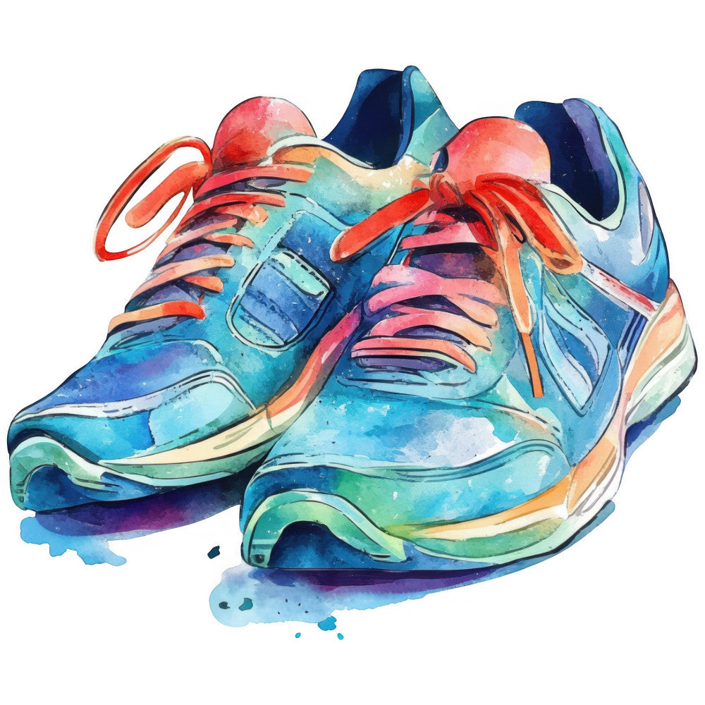 watercolor sneakers, athletic shoes, running shoes, sports theme, turquoise, coral red, navy blue, teal, purple, orange, cyan, aqua, watercolor effect, splatter pattern, abstract art, artistic, modern, whimsical, colorful, vibrant, unisex theme, active lifestyle, youth fashion, contemporary art, artistic print, paint splatter, gradient colors, shoe motif, footwear design, casual style