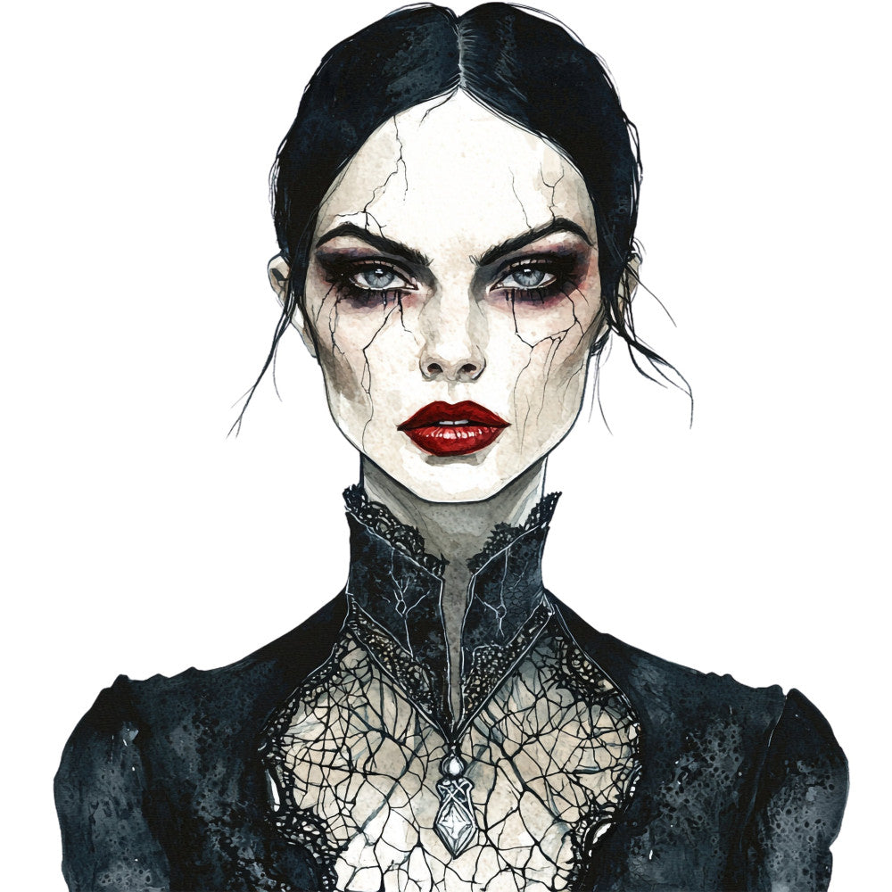 dark gothic, black hair, pale skin, porcelain face, cracked porcelain, white face paint, dramatic makeup, bold red lips, dark eyeshadow, cracks and lines pattern, dark moody, alternative style, goth aesthetic, Victorian gothic, ornate collar, lace details, dark fashion, mysterious, haunting, edgy modern, dark romance, black and white, deep burgundy, steampunk, decorative details, portrait illustration, bold graphic, dark elegant, contemporary gothic