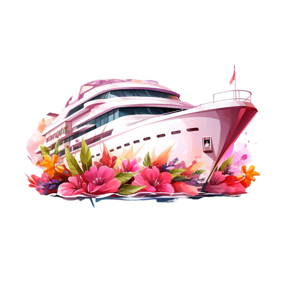 cruise ship, yacht, boat, tropical flowers, hibiscus, pink blooms, coral colors, magenta, orange accents, green leaves, watercolor style, maritime theme, ocean vessel, floral arrangement, fabric panel, quilting cotton, vacation motif, summer theme, travel design, nautical illustration