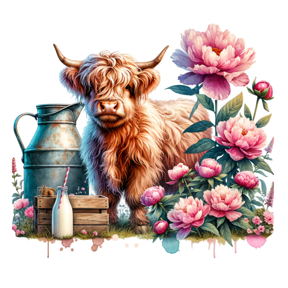 highland cattle, pink peonies, farmhouse style, rustic animals, botanical floral, cream milk bottle, teal pitcher, pastoral, cottage core, spring flowers, rose pink, dusty mauve, teal blue, cream ivory, whimsical illustration, nature themed, garden flowers, livestock, dairy farm, vintage botanical, romantic floral, country style, watercolor art, decorative panel, wall hanging, long horn cattle, peony blooms, garden aesthetic, spring season