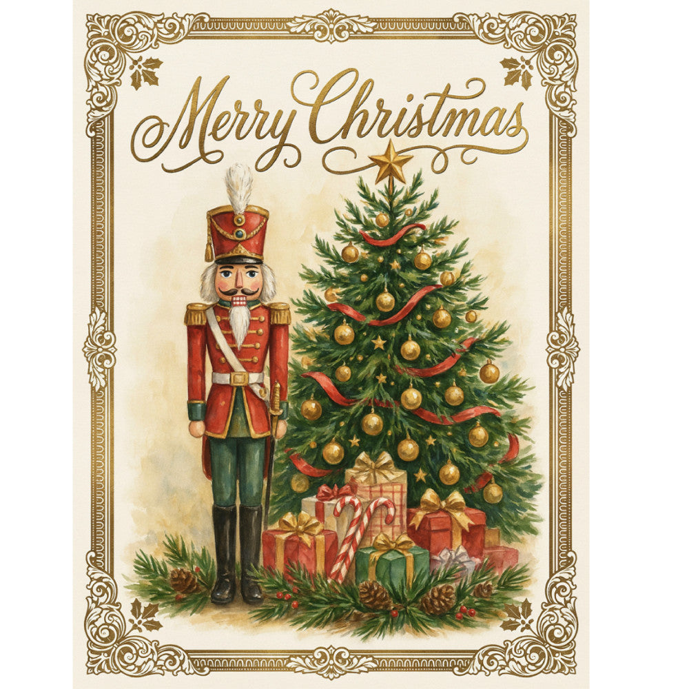 merry christmas, nutcracker, christmas tree, holiday, vintage, traditional, elegant, gold ornaments, red ribbons, festive, nutcracker soldier, christmas gifts, presents, pine cones, evergreen, gold accents, cream background, red coat, classical, timeless, decorative border, christmas ornaments, seasonal, winter holiday, golden balls, gift boxes, nostalgia, retro christmas