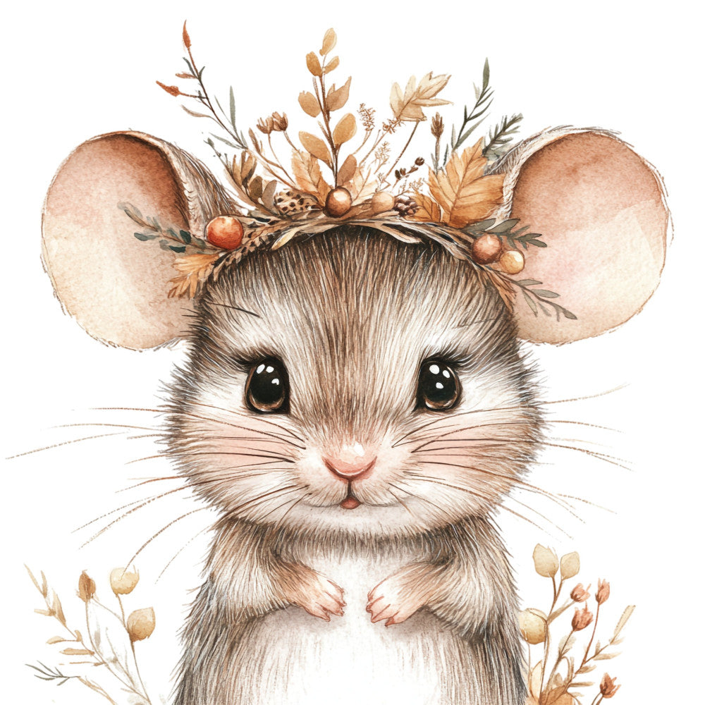 cute mouse, woodland animal, forest creatures, autumn, fall, seasonal, nature-inspired, whimsical, sweet, gentle, nursery, baby, children's, adorable, beige, cream, tan, brown, copper, rust, floral crown, dried flowers, botanical, leaves, berries, grasses, soft watercolor, illustration style, storybook, rustic