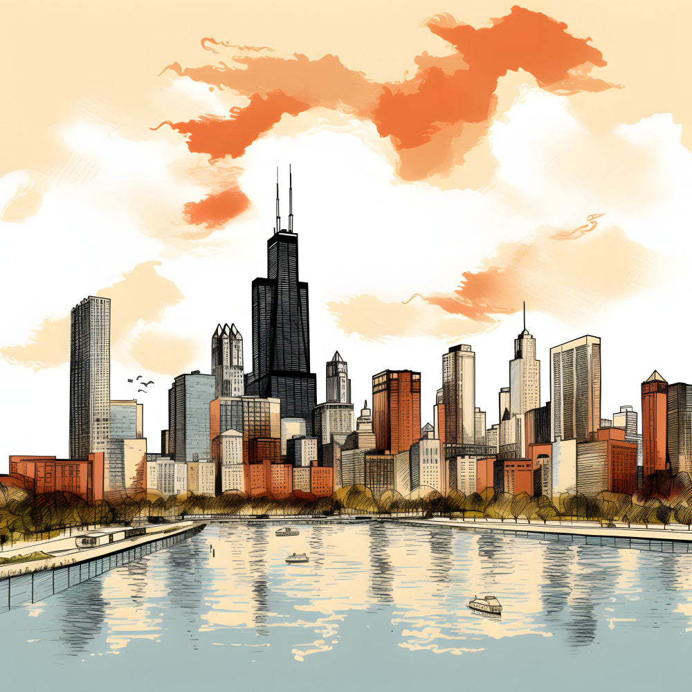 chicago skyline, cityscape, urban landscape, architectural, buildings, skyscrapers, Willis Tower, Lake Michigan, waterfront, downtown, rust orange, burnt orange, cream, beige, tan, charcoal black, steel gray, blue-gray, modern, contemporary, vintage inspired, retro, travel theme, americana, midwest, city living, wall art, home decor, panel quilt, decorative pillow