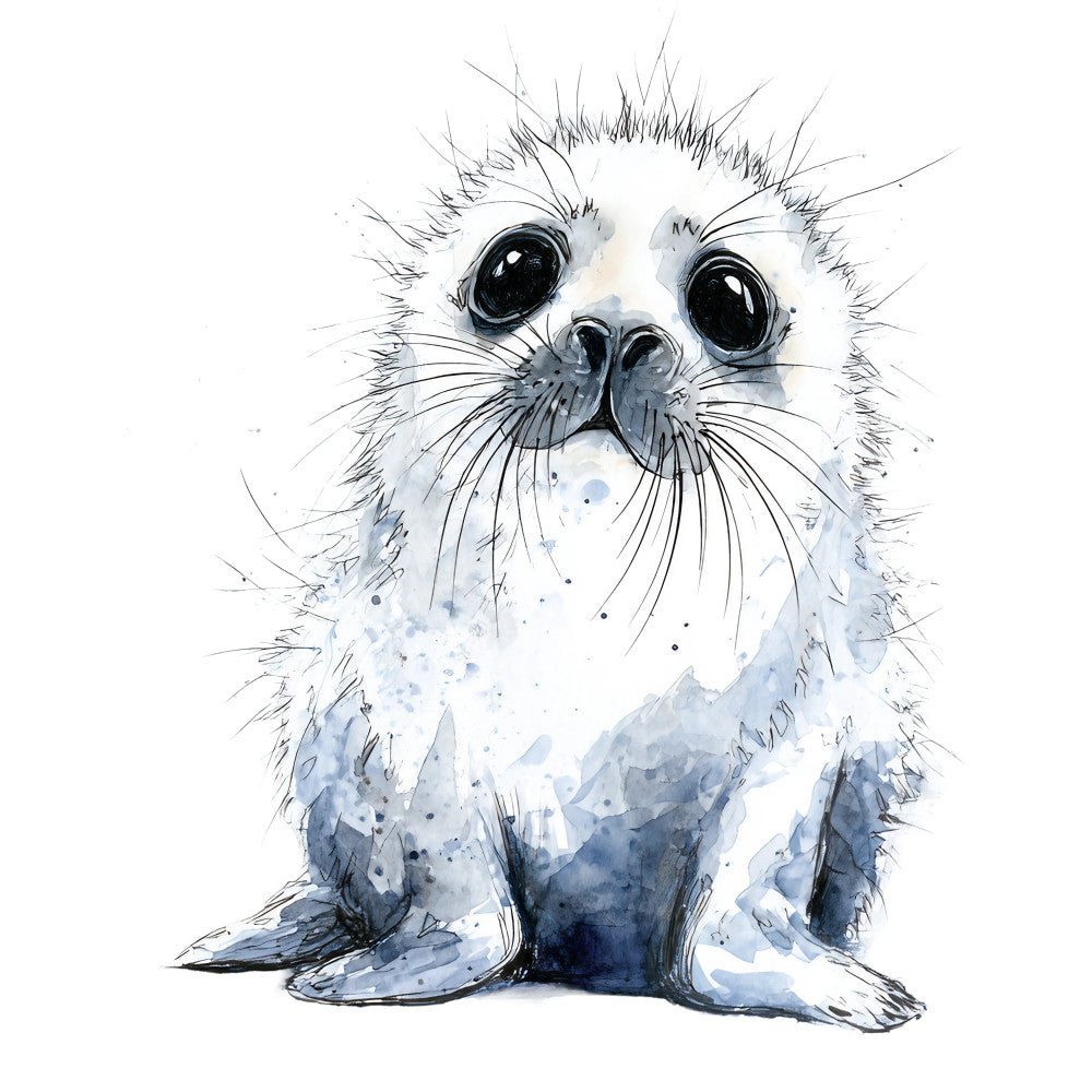 seal, sea lion, marine animal, arctic, watercolor, navy blue, gray, white, blue-gray, soft blue, ink wash, whimsical, cute animal, children's, baby, playful, expressive eyes, adorable, ocean theme, nautical, wildlife, realistic animal, artistic, hand-painted style, contemporary, modern animal portrait, charcoal effect, monochromatic, nursery, kid's quilt