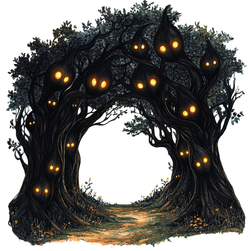 spooky tree, glowing eyes, dark fantasy, mystical, haunted, gothic, black, charcoal gray, golden yellow, orange glow, nature, magical creatures, enchanted forest, whimsical, dark fantasy art, halloween, autumn, moody, mysterious, supernatural, creepy cute, fantasy theme, tree of life, illuminated eyes, gnarled branches, dark mood, magical realism, otherworldly, enchantment, wall hanging