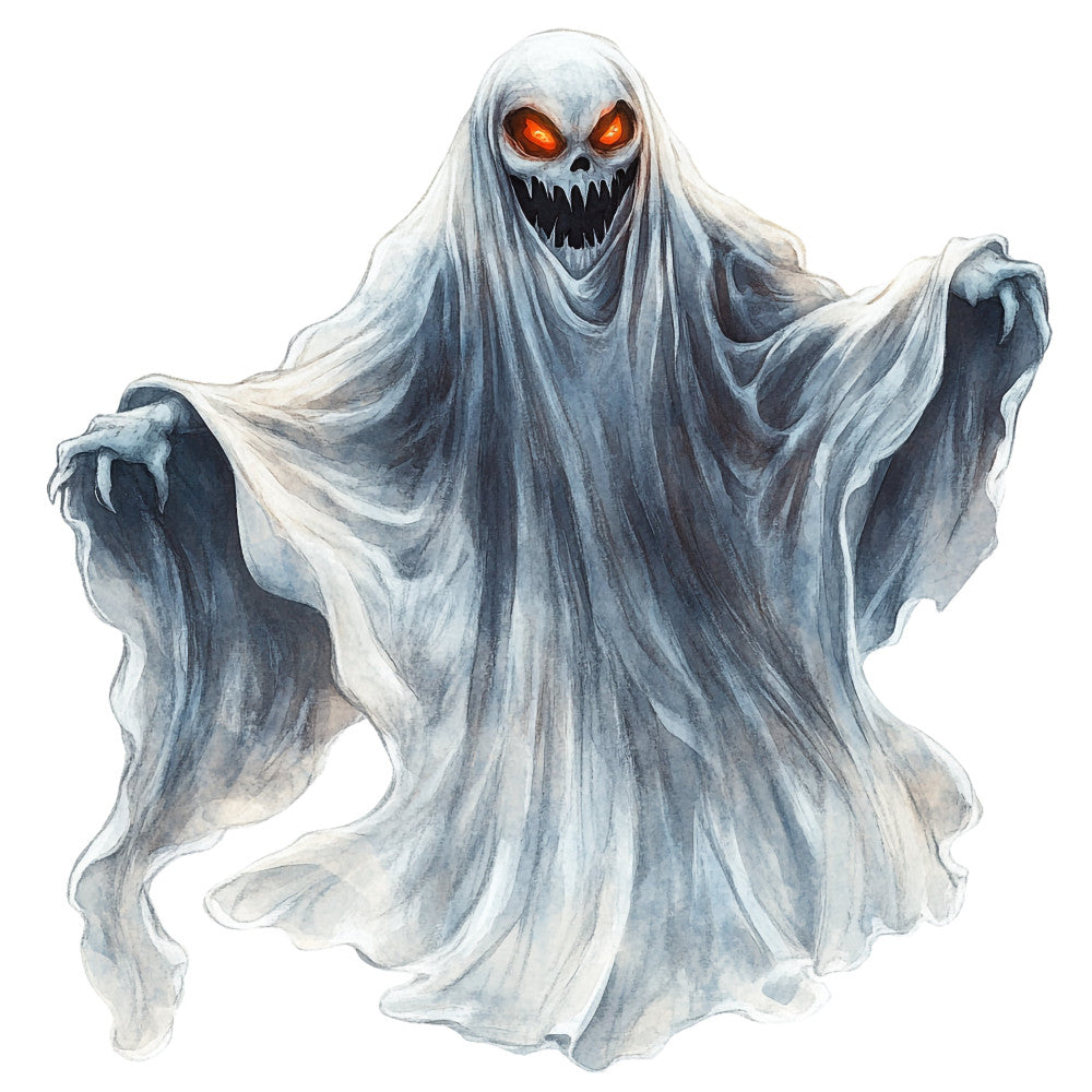 halloween, ghost, spooky, scary, supernatural, horror, skeleton skull, glowing eyes, orange eyes, white, gray, charcoal, pale, ethereal, creepy, eerie, haunting, menacing, ghostly figure, flowing fabric, draping, dark theme, autumn, fall, trick or treat, costume, haunted, sinister, evil, frightening