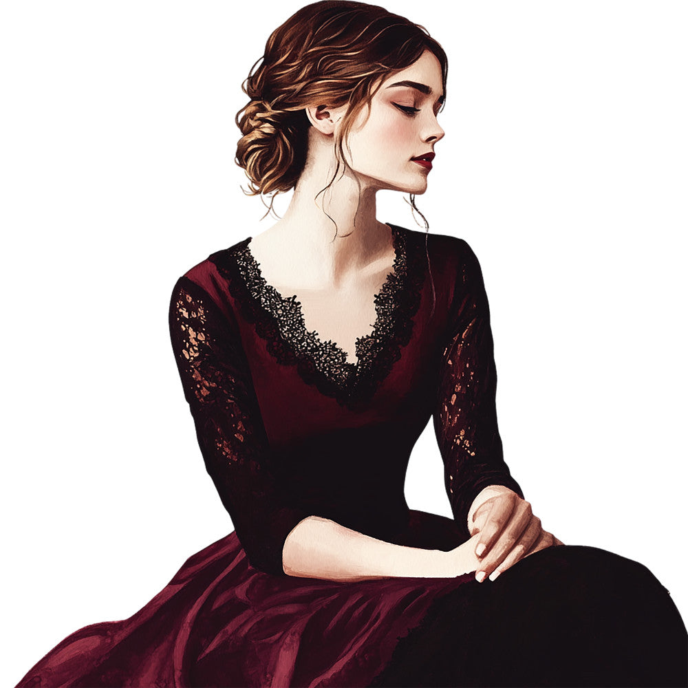 burgundy, deep red, black, lace details, elegant woman, portrait, romantic style, vintage inspired, gothic romance, fabric panel, quilting cotton, fashion illustration, ornate dress, sophisticated, moody atmosphere, rich tones, feminine figure, artistic rendering, luxurious fabric, dramatic lighting