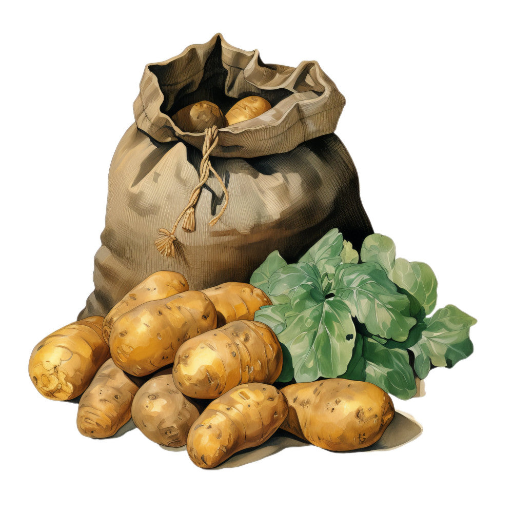 potato, vegetables, harvest, garden, nature, farmhouse, burlap bag, rustic, cream, tan, beige, golden brown, sage green, botanical, country, traditional, autumn, fall, kitchen, farm, produce, root vegetables, food, cottage, homespun, vintage, natural, earthy tones, agricultural, cottage core