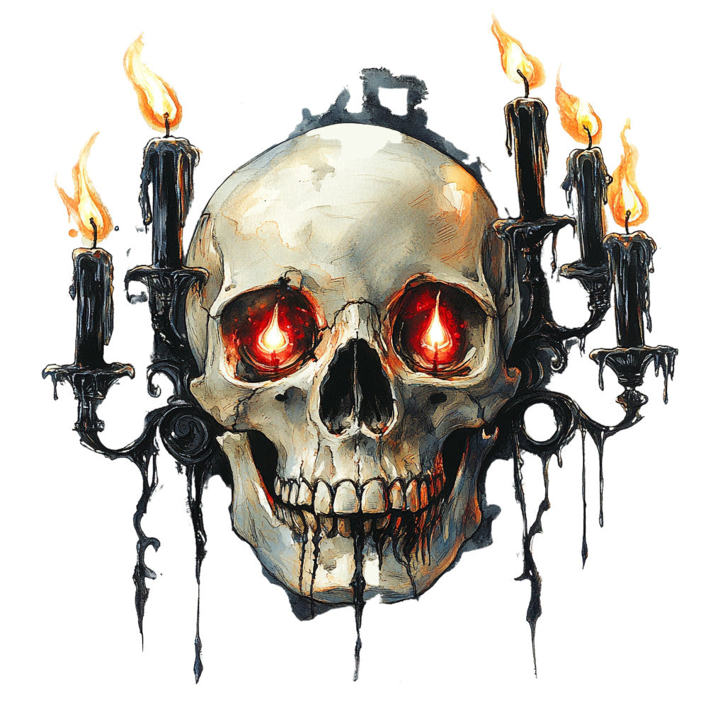 skull, gothic, dark, spooky, halloween, candlabra, candles, fire, flames, goth, edgy, bold, dramatic, metallic gold, cream, black, red glowing eyes, ornate, baroque, decorative, macabre, dark fantasy, steampunk, alternative, edgy style, haunting, mysterious, vintage gothic