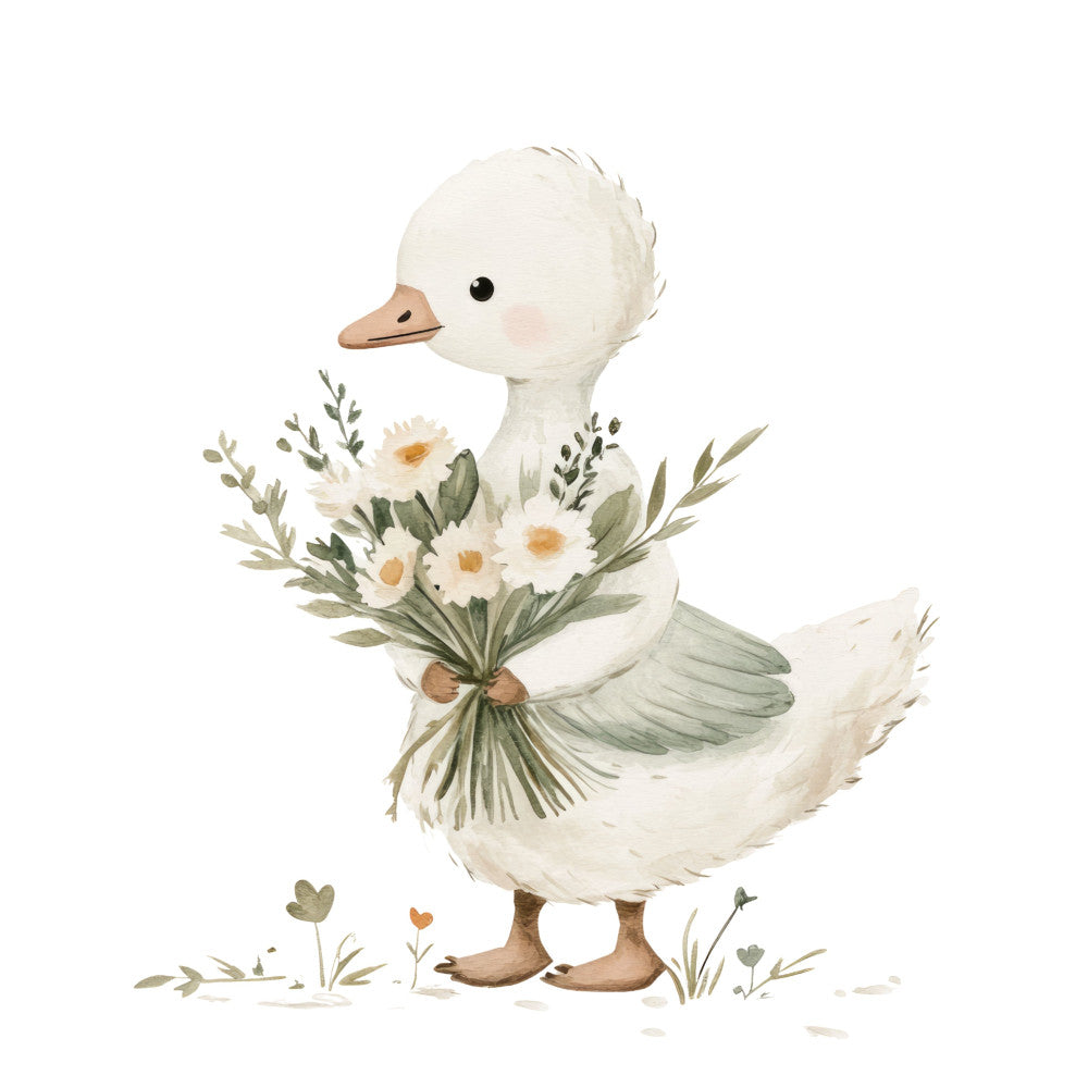 white duck, cream white, sage green, soft green, tan brown, blush pink, daisy flowers, floral, botanical, animal, bird, farmhouse, whimsical, nursery, baby, spring, cute, gentle, watercolor, illustration, countryside, nature, sweet, charming, decorative, children's, storybook, pastoral, hearts, leaves